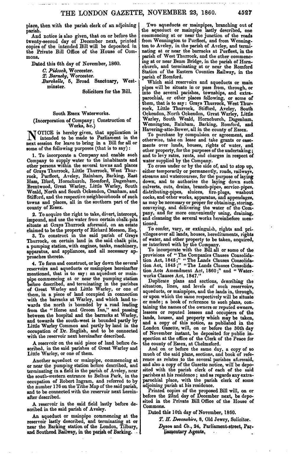 THE LONDON GAZETTE, NOVEMBER 23, 1860. 4527 Place, Then "With the Parish Clerk of an Adjoining Two Aqueducts Or Mainpipes, Branching out of Parish