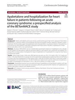 Apabetalone and Hospitalization for Heart Failure in Patients Following an Acute Coronary Syndrome: a Prespecifed Analysis of the Betonmace Study Stephen J