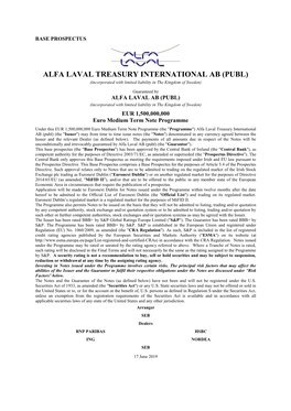 ALFA LAVAL TREASURY INTERNATIONAL AB (PUBL) (Incorporated with Limited Liability in the Kingdom of Sweden)