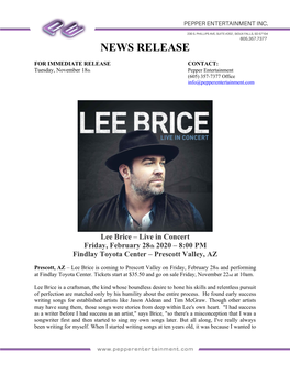 Lee Brice – Live in Concert Friday, February 28Th 2020 – 8:00 PM Findlay Toyota Center – Prescott Valley, AZ