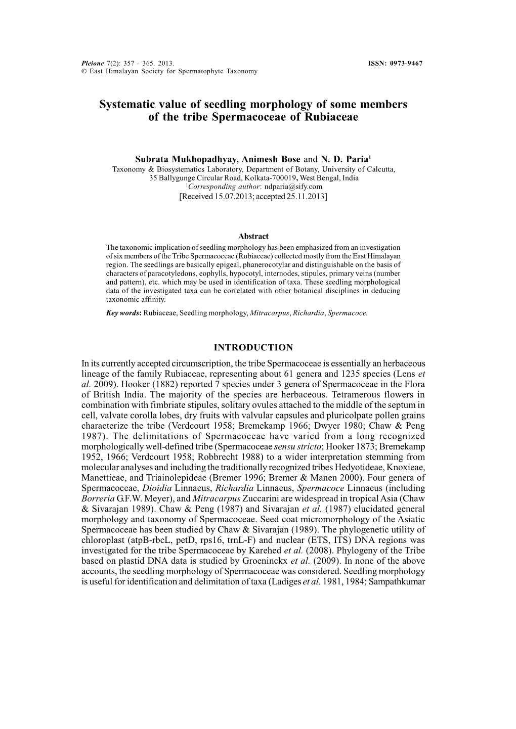 Systematic Value of Seedling Morphology of Some Members of the Tribe Spermacoceae of Rubiaceae