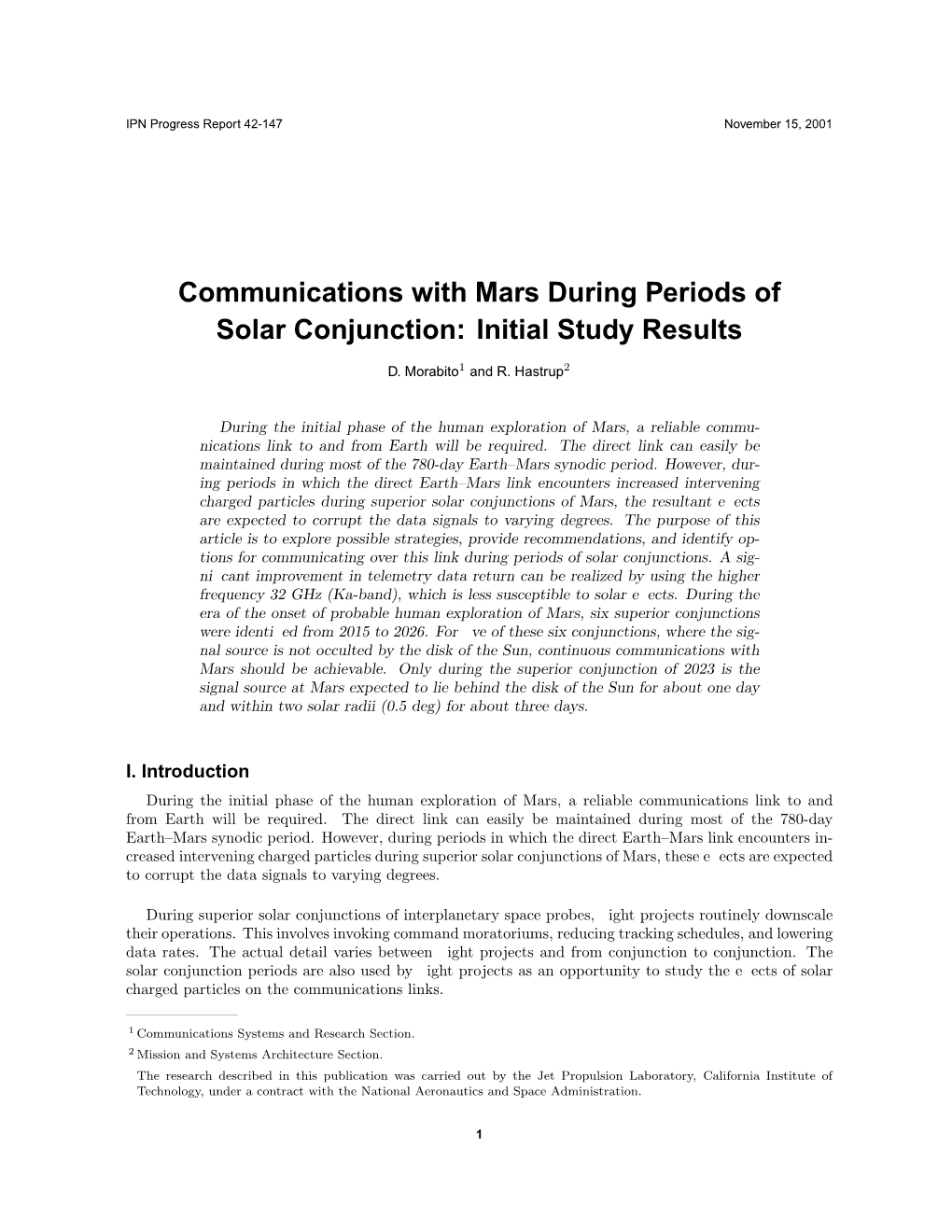 Communications with Mars During Periods of Solar Conjunction: Initial Study Results