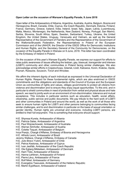 Open Letter on the Occasion of Warsaw's Equality Parade, 9 June 2018 Open Letter of the Ambassadors of Albania, Argentina