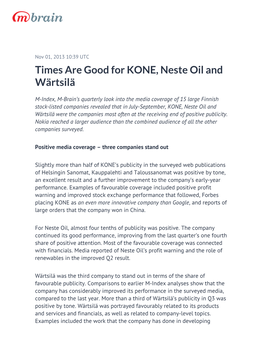 Times Are Good for KONE, Neste Oil and Wärtsilä