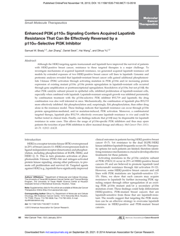 Enhanced PI3K P110a Signaling Confers Acquired Lapatinib Resistance That Can Be Effectively Reversed by a P110a-Selective PI3K Inhibitor