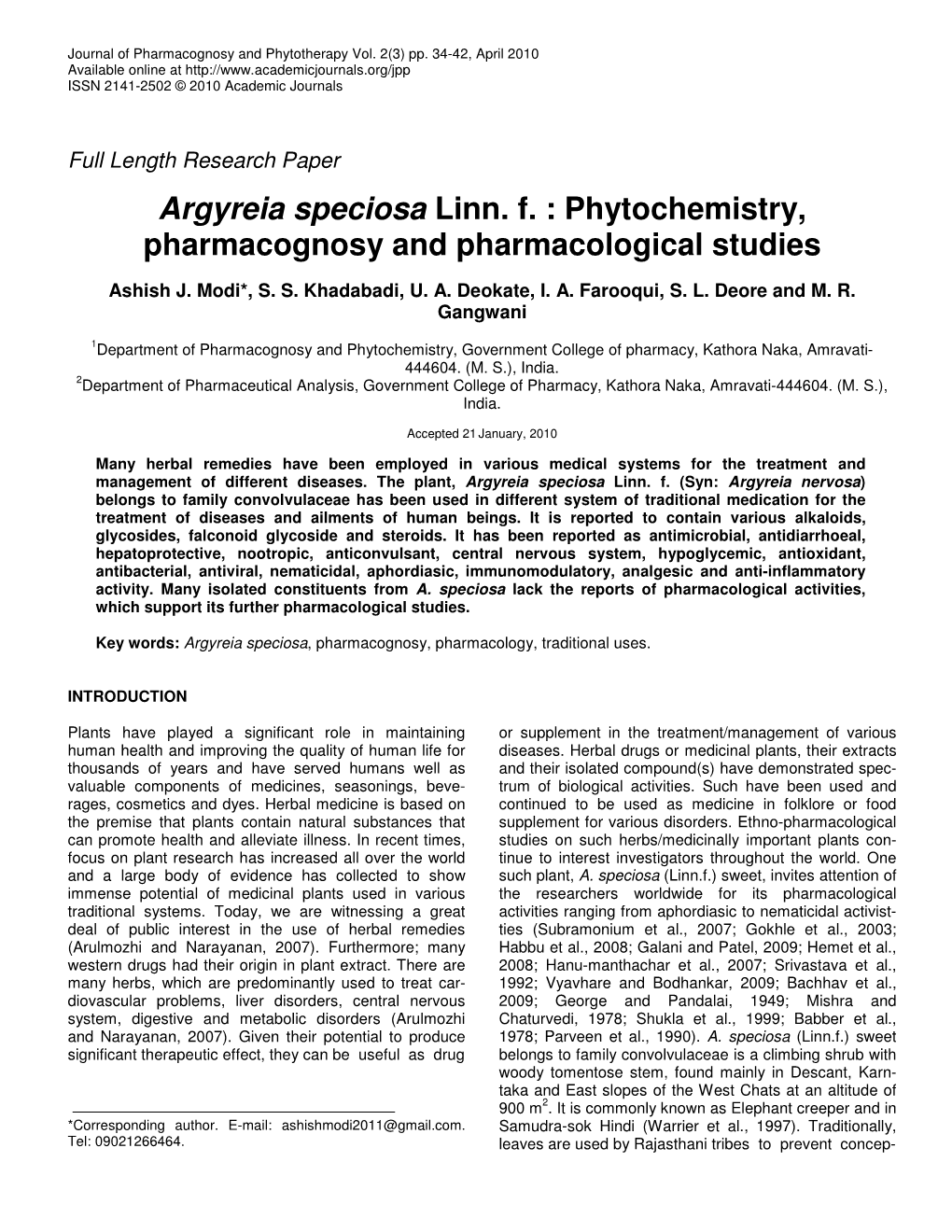 Argyreia Speciosa Linn. F. : Phytochemistry, Pharmacognosy and Pharmacological Studies