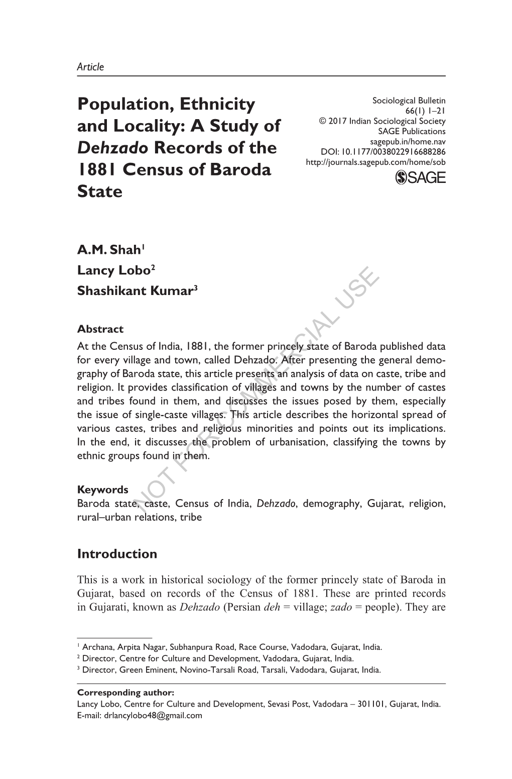 A Study of Dehzado Records of the 1881 Census of Baroda State