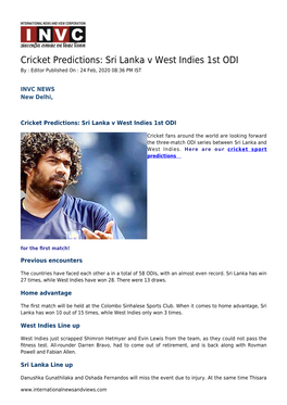 Cricket Predictions: Sri Lanka V West Indies 1St ODI by : Editor Published on : 24 Feb, 2020 08:36 PM IST