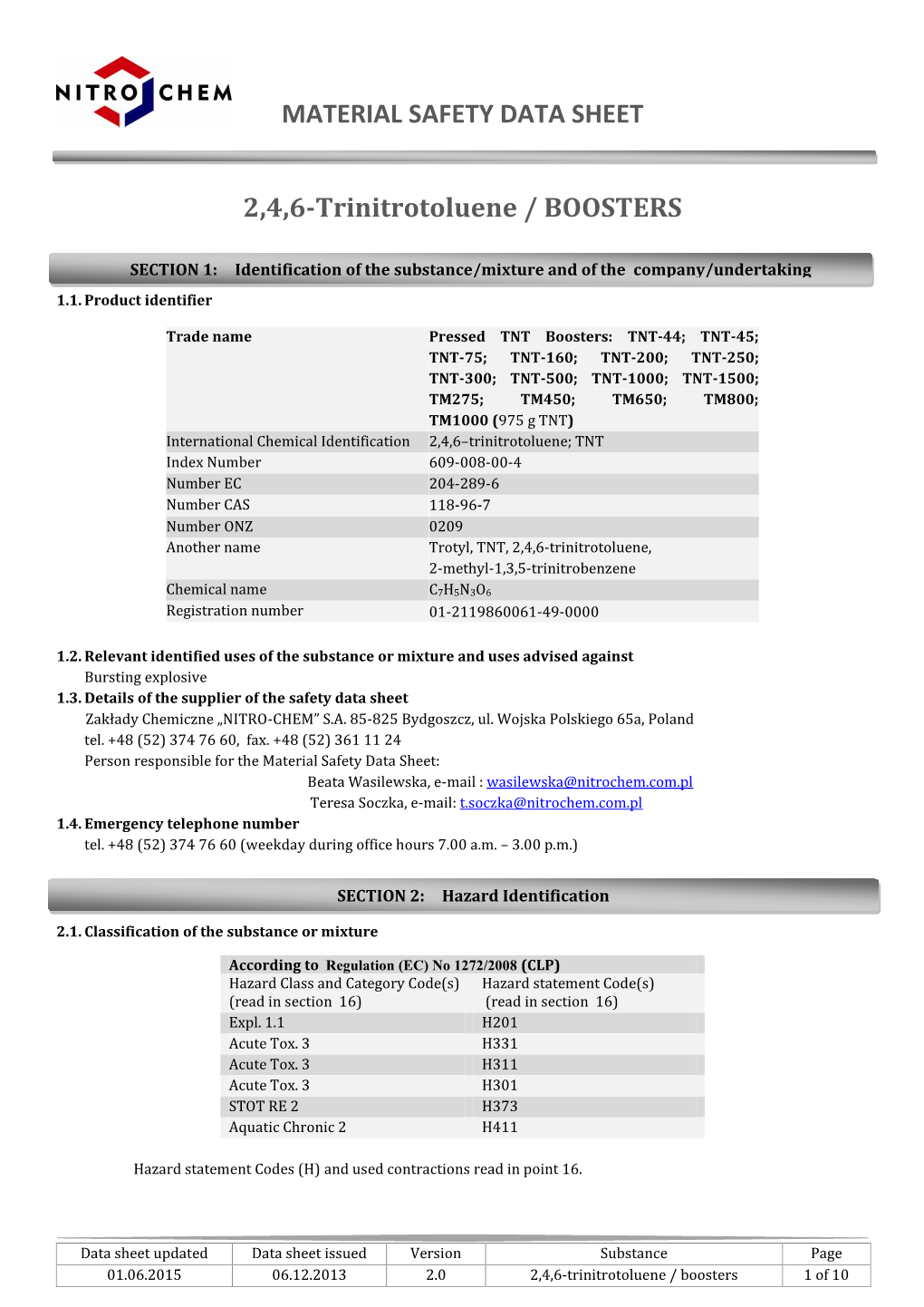 MATERIAL SAFETY DATA SHEET 2,4,6-Trinitrotoluene / BOOSTERS