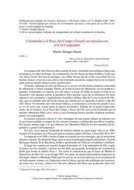Calamocha Y El Poyo Del Campo (Teruel) En Relación Con El Cid Campeador
