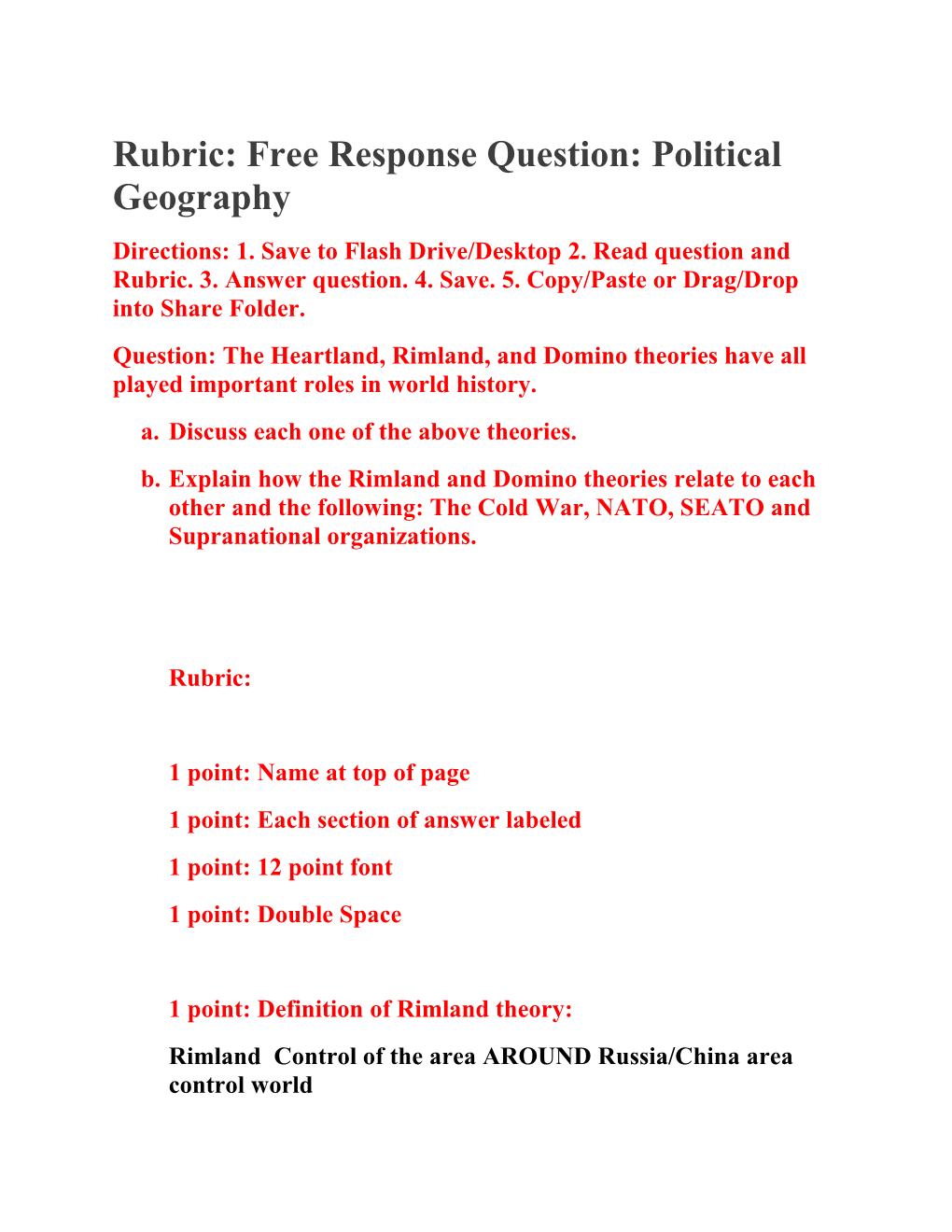 Rubric: Free Response Question: Political Geography