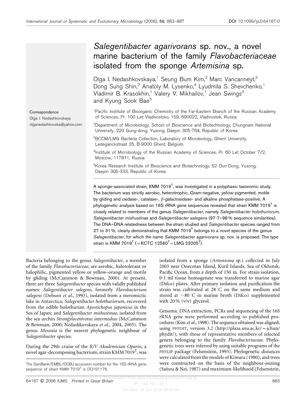 Salegentibacter Agarivorans Sp. Nov., a Novel Marine Bacterium of the Family Flavobacteriaceae Isolated from the Sponge Artemisina Sp