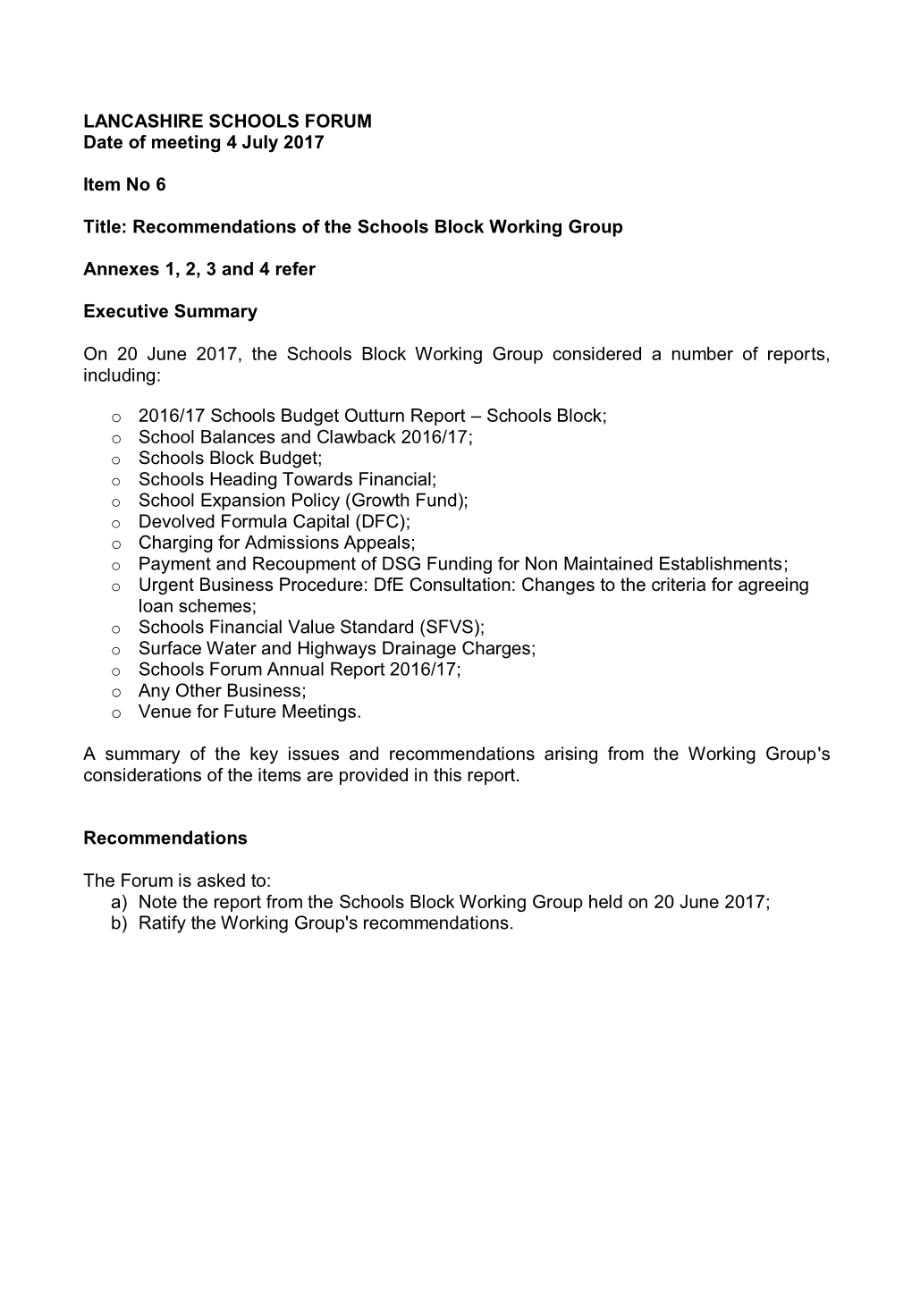 Recommendations of the Schools Block Working Group Annex