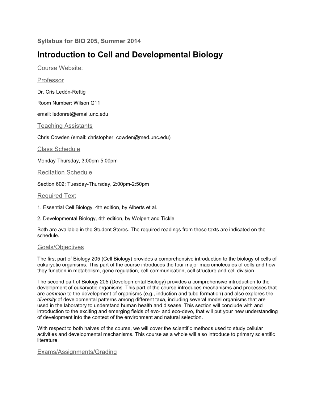 Syllabus for BIO 205, Summer 2014