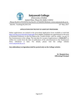 Satyawati College [University of Delhi] Ashok Vihar, Phase-III, Delhi-110052 Phone No.011-27219570, Fax No.011-27446953 Website