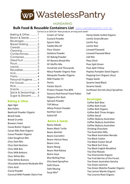 Bulk Food & Reusable Containers List