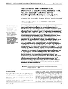 Reclassification of Desulfobacterium Phenolicum As Desulfobacula Phenolica Comb. Nov. and Description of Strain Saxt As Desulfot