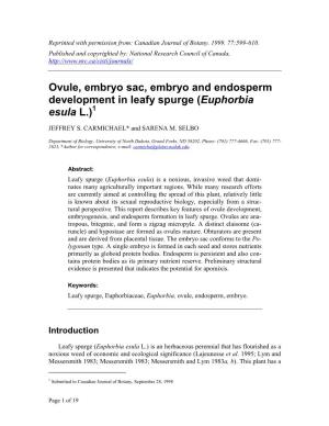 Ovule, Embryo Sac, Embryo and Endosperm Development in Leafy Spurge (Euphorbia Esula L.)1