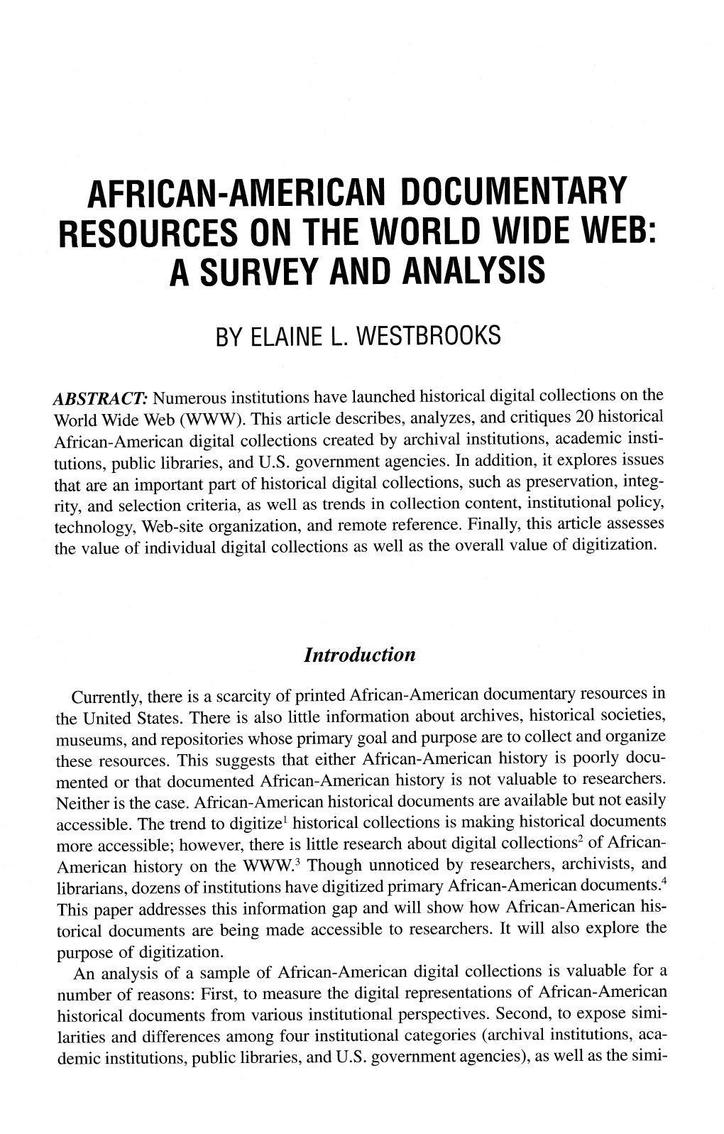 African-American Documentary Resources on the World Wide Web: a Survey and Analysis