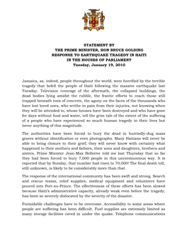 STATEMENT by the PRIME MINISTER, HON BRUCE GOLDING RESPONSE to EARTHQUAKE TRAGEDY in HAITI in the HOUSES of PARLIAMENT Tuesday, January 19, 2010