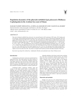 Population Dynamics of the Pharaoh Cuttlefish Sepia Pharaonis (Mollusca: Cephalopoda) in the Arabian Sea Coast of Oman