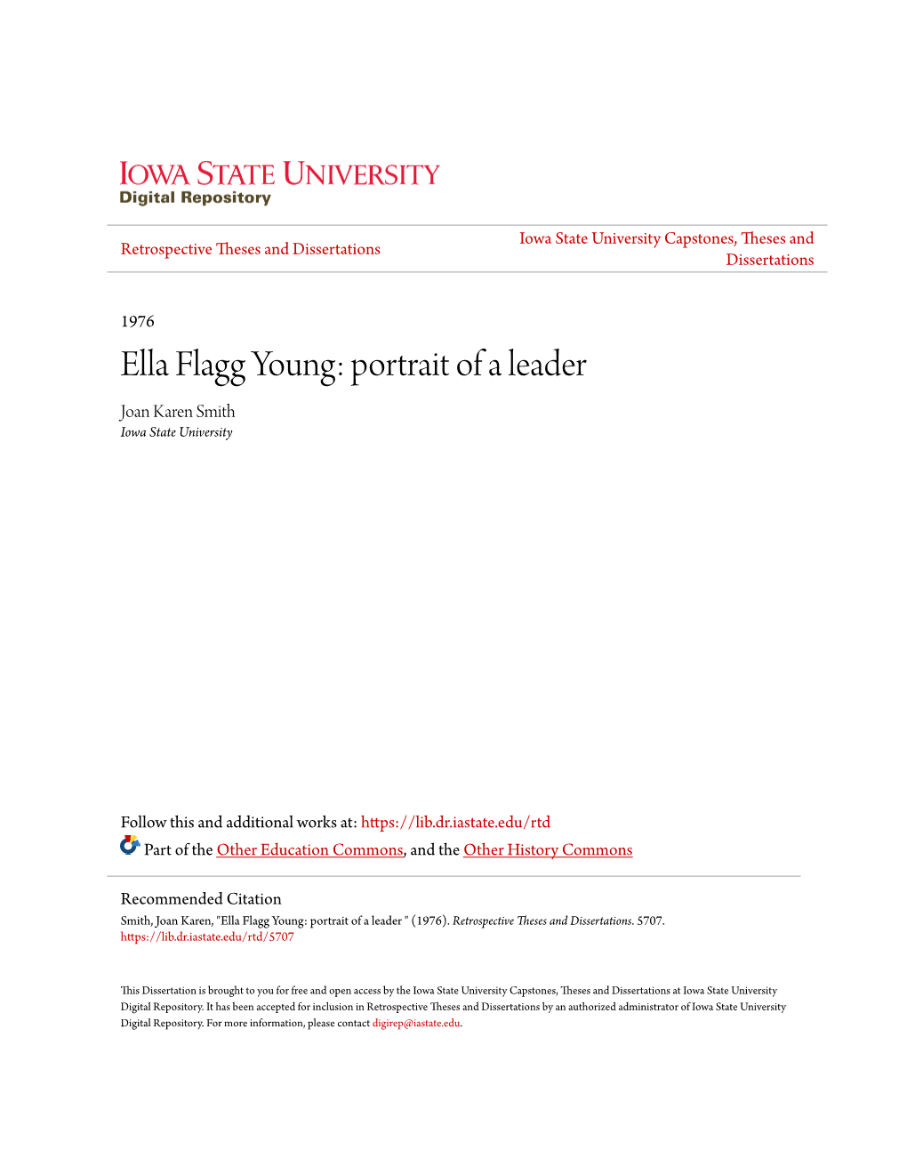Ella Flagg Young: Portrait of a Leader Joan Karen Smith Iowa State University
