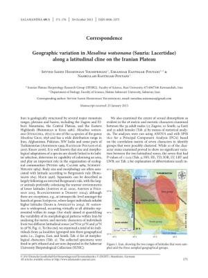 Geographic Variation in Mesalina Watsonana ‌(Sauria: Lacertidae) Along a Latitudinal Cline on the Iranian Plateau