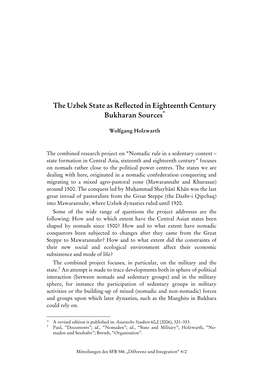 The Uzbek State As Reflected in Eighteenth Century * Bukharan Sources