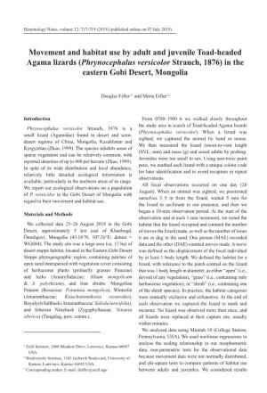 Movement and Habitat Use by Adult and Juvenile Toad-Headed Agama Lizards (Phrynocephalus Versicolor Strauch, 1876) in the Eastern Gobi Desert, Mongolia