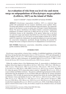 An Evaluation of Risk from Sea Level Rise and Storm Surge on Subpopulations of Brachytrupes Megacephalus (Lefèbvre, 1827) on the Island of Malta