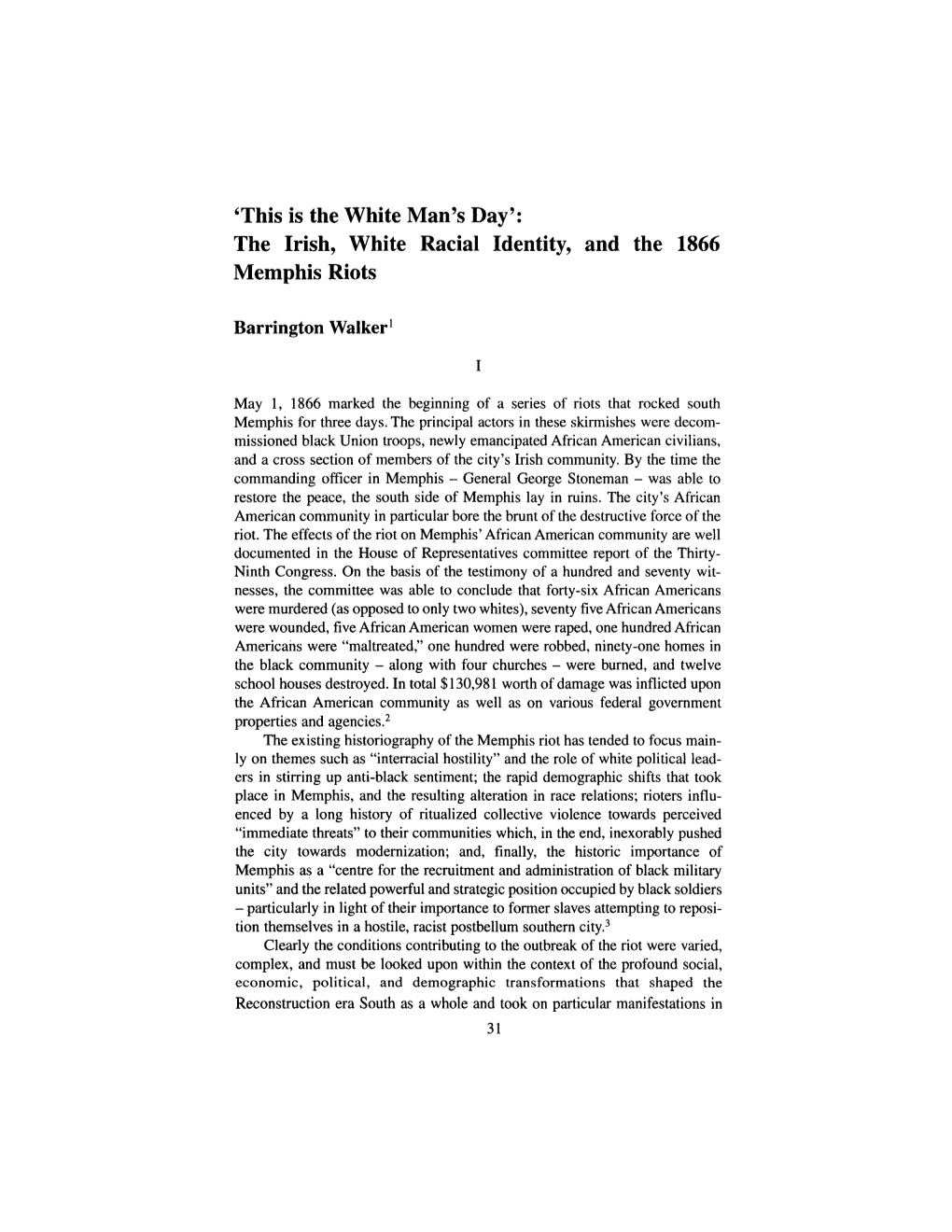 The Irish, White Racial Identity, and the 1866 Memphis Riots