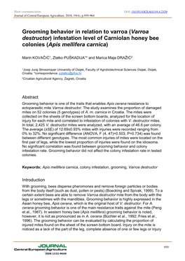 Varroa Destructor) Infestation Level of Carniolan Honey Bee Colonies (Apis Mellifera Carnica