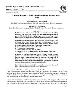 Ancient History of Arabian Peninsula and Semitic Arab Tribes