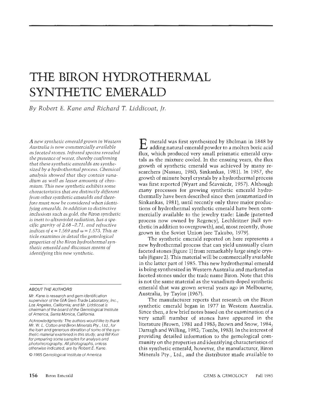 THE BIRON HYDROTHERMAL SYNTHETIC EMERALD by Robert E