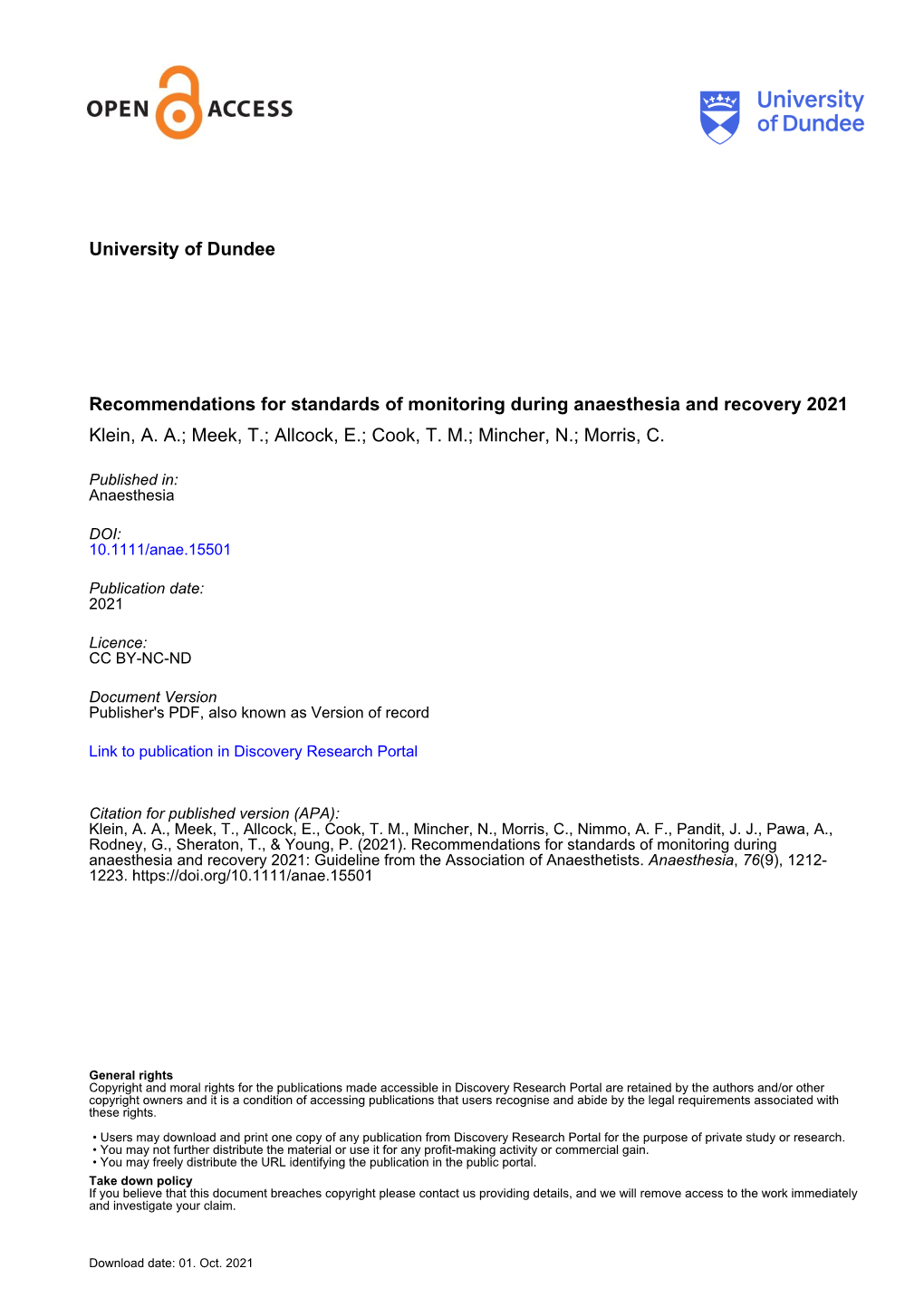 Recommendations for Standards of Monitoring During Anaesthesia and Recovery 2021 Klein, A