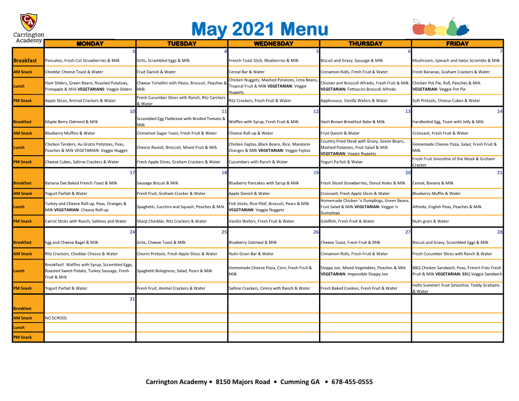 May 2021 Menu