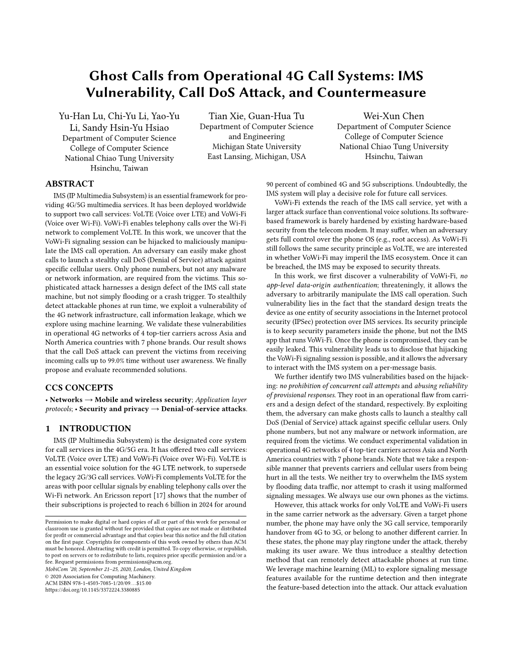 Ghost Calls from Operational 4G Call Systems: IMS Vulnerability, Call Dos A￿ack, and Countermeasure