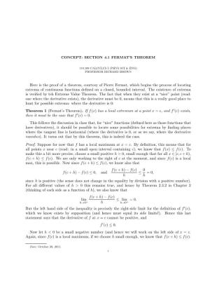 Here Is the Proof of a Theorem, Courtesy of Pierre Fermat, Which Begins the Process of Locating Extrema of Continuous Functions Deﬁned on a Closed, Bounded Interval
