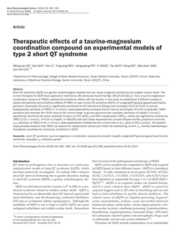 Therapeutic Effects of a Taurine-Magnesium Coordination Compound on Experimental Models of Type 2 Short QT Syndrome