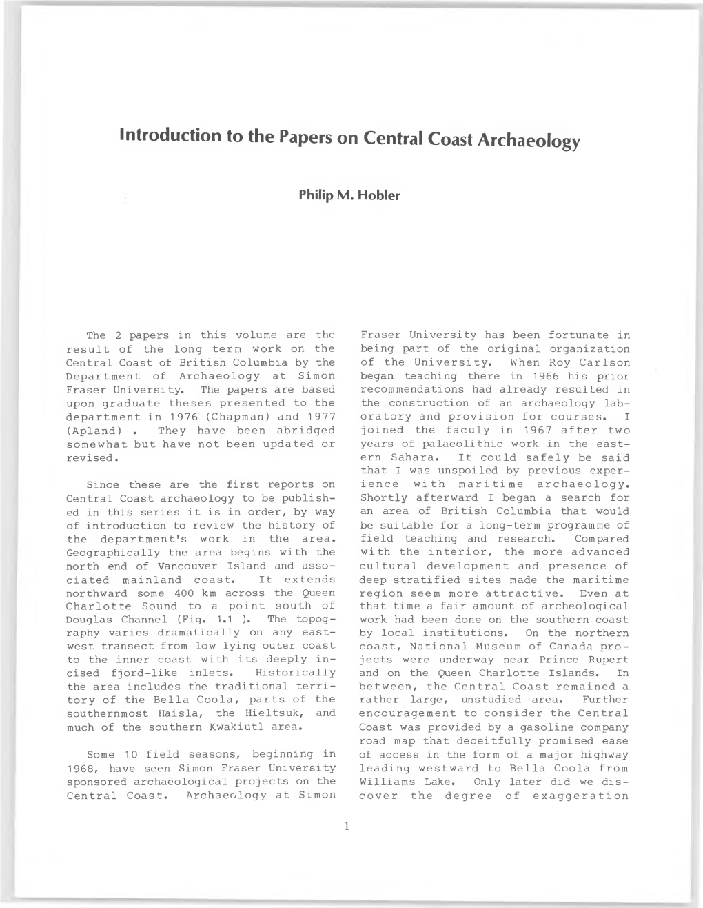 Introduction to the Papers on Central Coast Archaeology