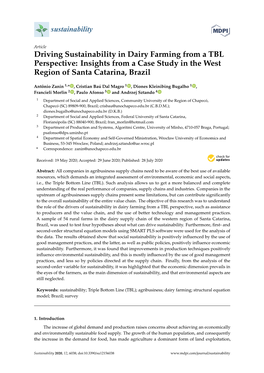 Driving Sustainability in Dairy Farming from a TBL Perspective: Insights from a Case Study in the West Region of Santa Catarina, Brazil