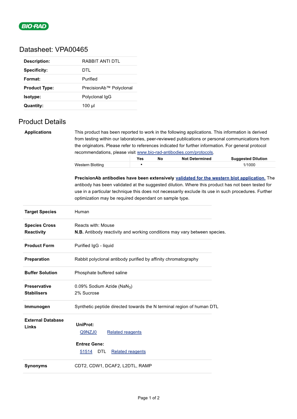 Datasheet: VPA00465 Product Details