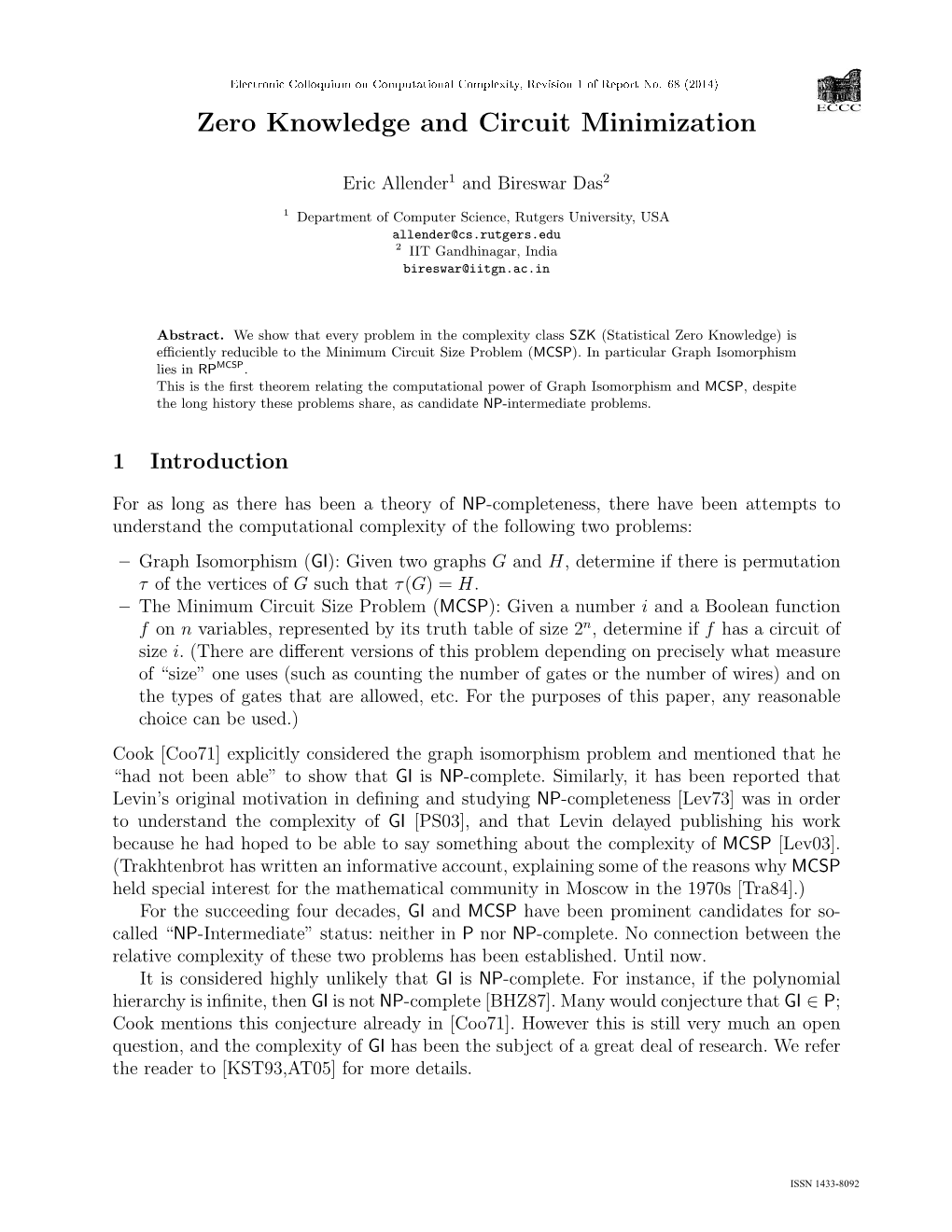 Zero Knowledge and Circuit Minimization