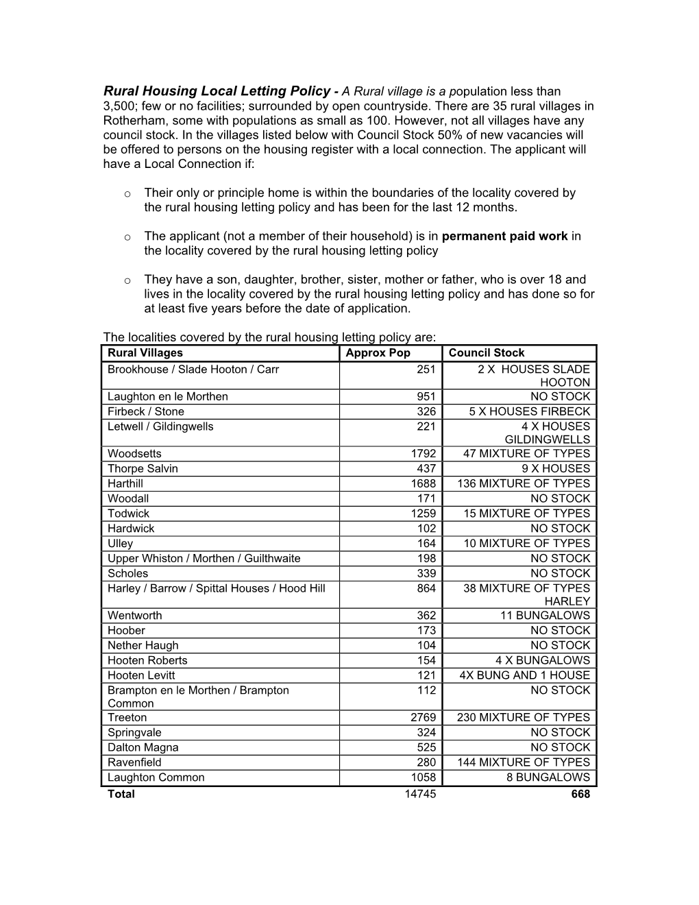 Rural Local Letting Policy