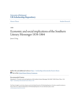 Economic and Social Implications of the Southern Literary Messenger 1834-1864 James E