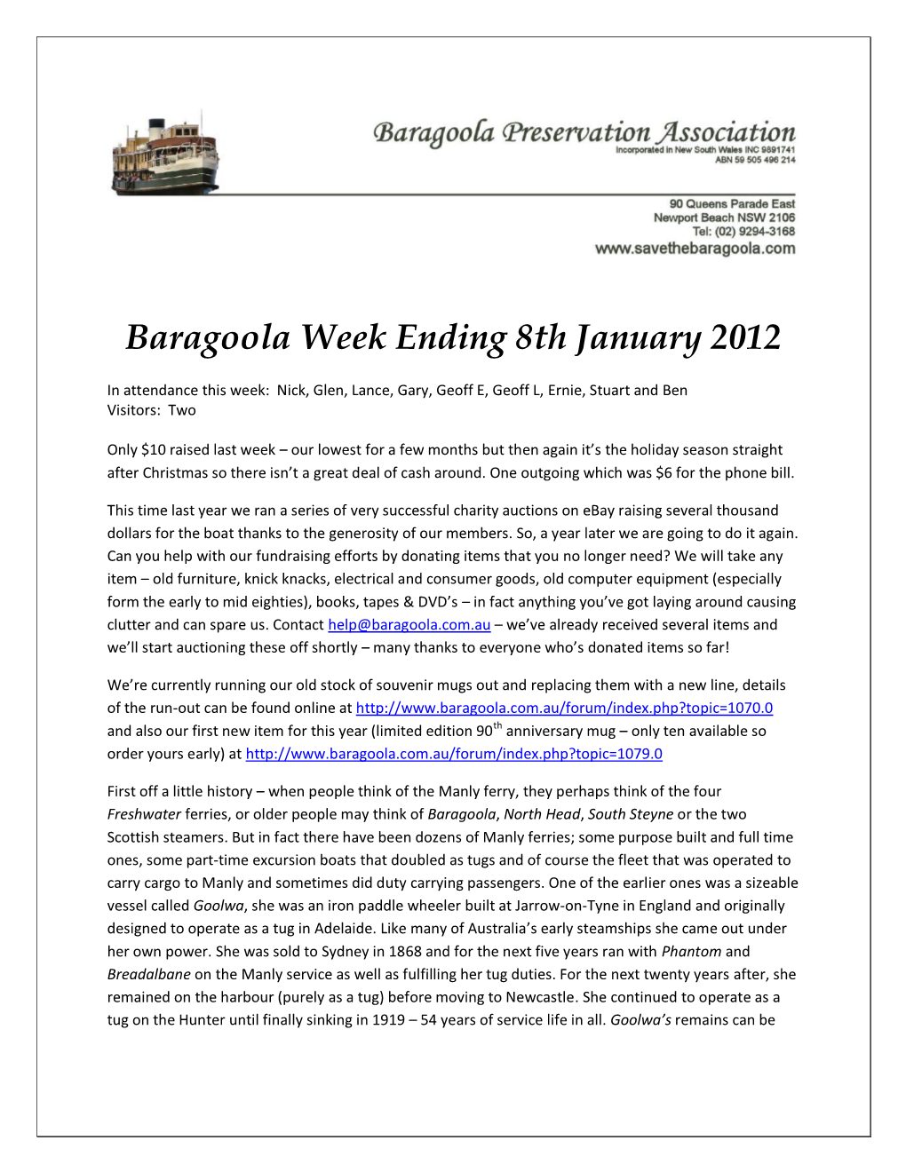 Baragoola Week Ending 8Th January 2012