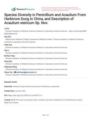 Species Diversity in Penicillium and Acaulium from Herbivore Dung in China, and Description of Acaulium Stericum Sp