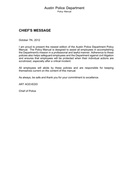 Austin Police Department CHIEF's MESSAGE