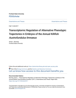 Transcriptomic Regulation of Alternative Phenotypic Trajectories in Embryos of the Annual Killifish Austrofundulus Limnaeus