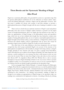 Thom Brooks and the 'Systematic' Reading of Hegel Allen Wood